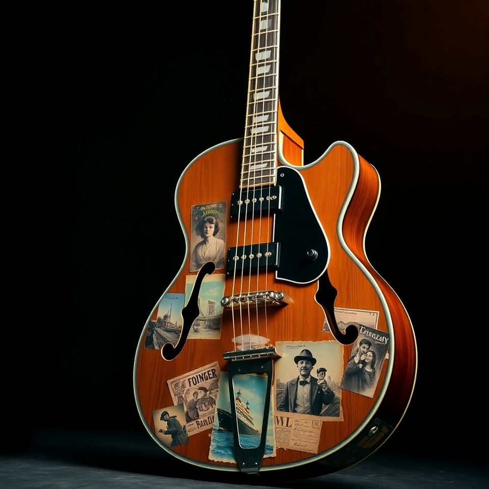Guitar with travel stickers, dominant-colour placeholder